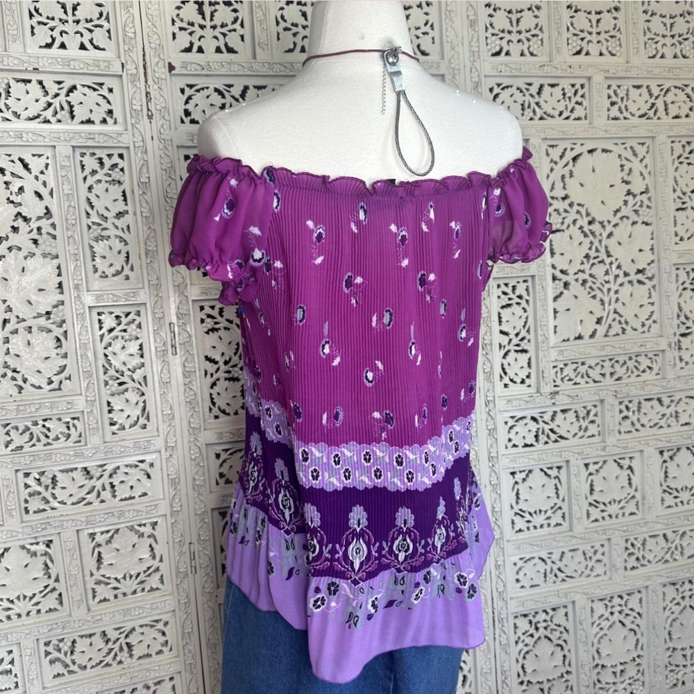 New Directions Purple Crinkle Off The Shoulder Sheer Blouse Sz Large - Picture 4 of 6